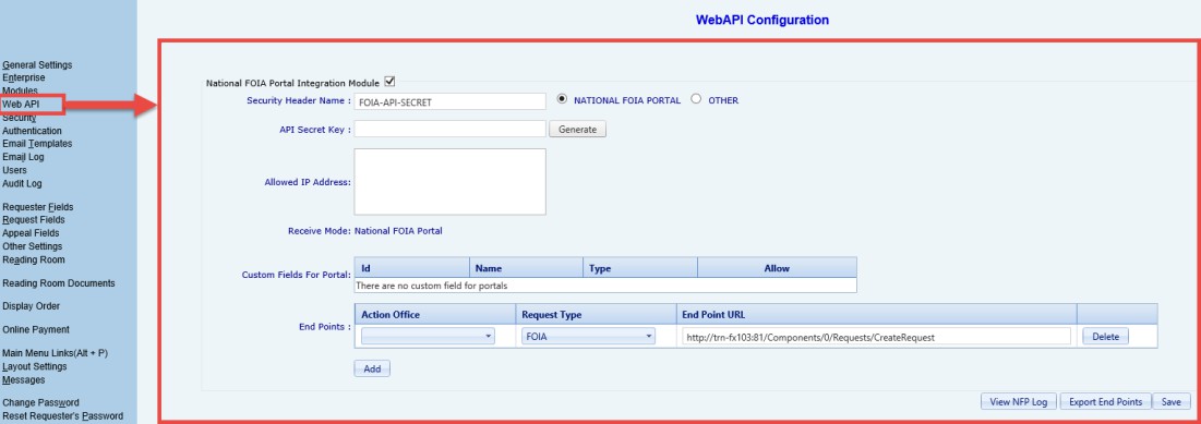 WebAPI configuration settings including security and endpoint details for FOIA requests.